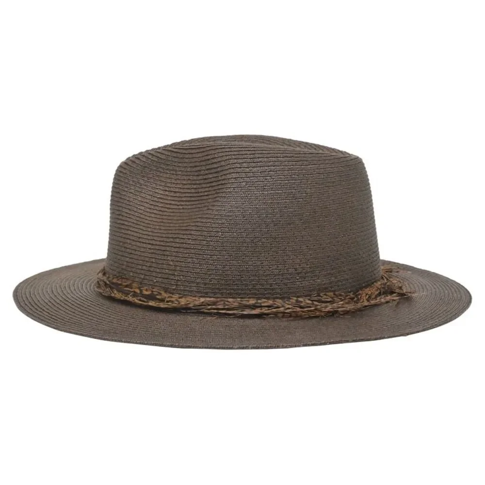 Eugenia Kim Feather Fedora Hat in Dark Brown Straw